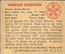 1950 Bowman #57 Vernon Bickford Back