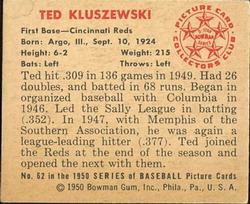 1950 Bowman #62 Ted Kluszewski Back