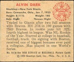 1950 Bowman #64 Alvin Dark Back