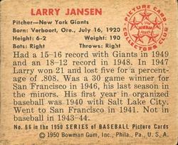 1950 Bowman #66 Larry Jansen Back