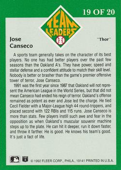 1992 Fleer - Team Leaders #19 Jose Canseco Back
