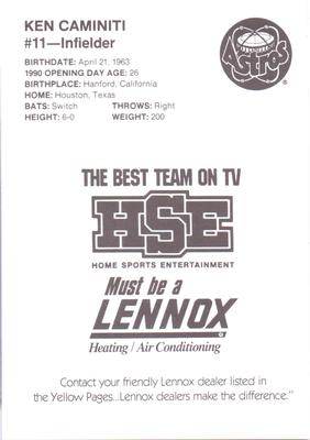 1990 HSE Lennox Houston Astros #NNO Ken Caminiti Back
