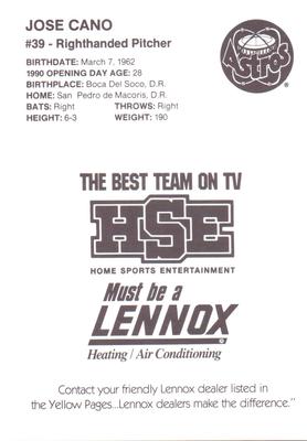 1990 HSE Lennox Houston Astros #NNO Jose Cano Back