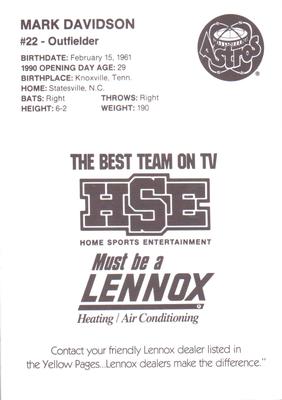 1990 HSE Lennox Houston Astros #NNO Mark Davidson Back