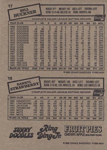 1986 Drake's Big Hitters - Box Panels #16-17 Darryl Strawberry / Bill Buckner Back