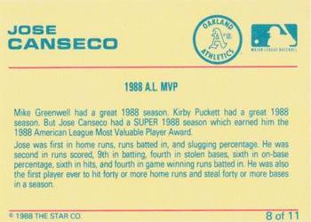 1989 Star Jose Canseco (Error) #8 Jose Canseco Back