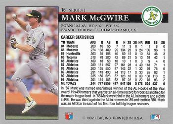 1992 Leaf #16 Mark McGwire Back
