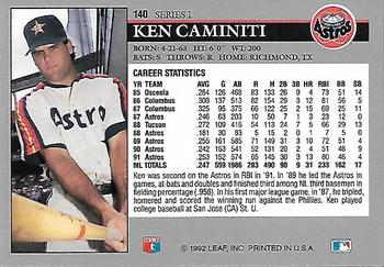 1992 Leaf #140 Ken Caminiti Back