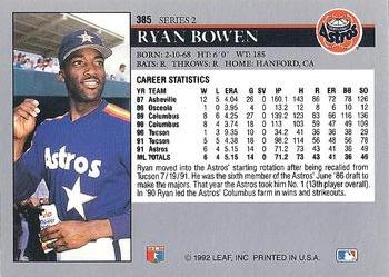 1992 Leaf #385 Ryan Bowen Back