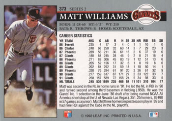 1992 Leaf #373 Matt Williams Back