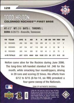 2006 SP Authentic #128 Todd Helton Back