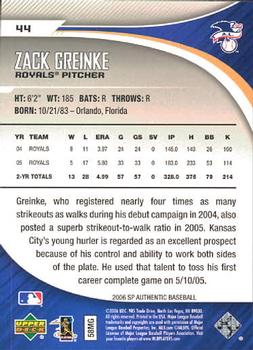 2006 SP Authentic #44 Zack Greinke Back