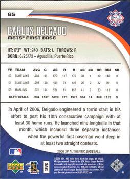 2006 SP Authentic #65 Carlos Delgado Back