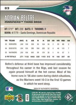 2006 SP Authentic #83 Adrian Beltre Back