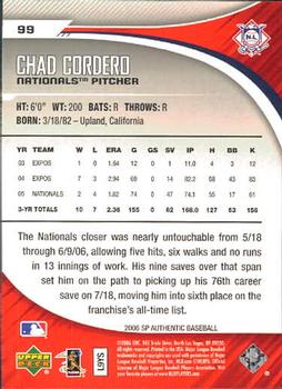 2006 SP Authentic #99 Chad Cordero Back