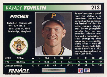 1992 Pinnacle #213 Randy Tomlin Back