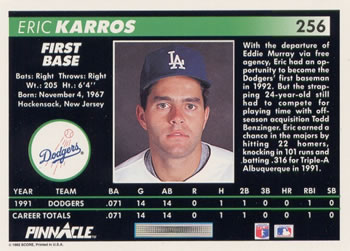 1992 Pinnacle #256 Eric Karros Back