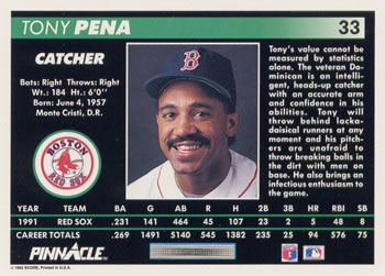 1992 Pinnacle #33 Tony Pena Back