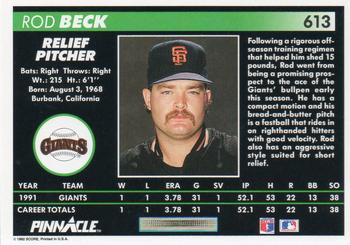 1992 Pinnacle #613 Rod Beck Back