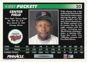 1992 Pinnacle #20 Kirby Puckett Back