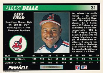 1992 Pinnacle #31 Albert Belle Back