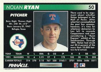 1992 Pinnacle #50 Nolan Ryan Back
