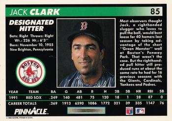 1992 Pinnacle #85 Jack Clark Back