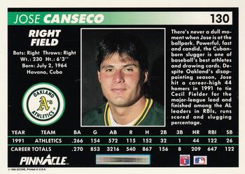 1992 Pinnacle #130 Jose Canseco Back