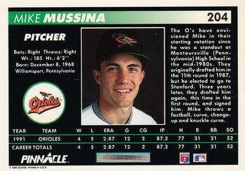 1992 Pinnacle #204 Mike Mussina Back