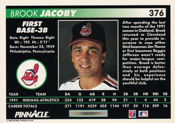 1992 Pinnacle #376 Brook Jacoby Back
