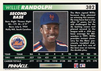 1992 Pinnacle #382 Willie Randolph Back