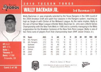 2010 MultiAd Tucson Toros #2 Wally Backman Jr. Back