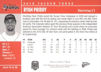 2010 MultiAd Tucson Toros #19 Ryan Priddy Back