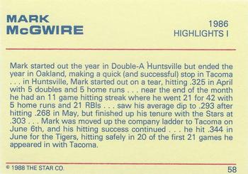 1988 Star Platinum #58 Mark McGwire Back