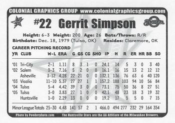2006 Huntsville Stars #NNO Gerrit Simpson Back