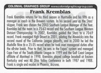 2004 Huntsville Stars #NNO Frank Kremblas Back