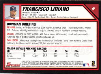 2007 Bowman #8 Francisco Liriano Back