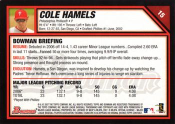 2007 Bowman #15 Cole Hamels Back