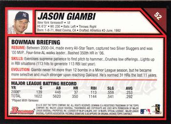 2007 Bowman #52 Jason Giambi Back