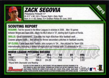 2007 Bowman Draft Picks & Prospects #BDP16 Zack Segovia Back
