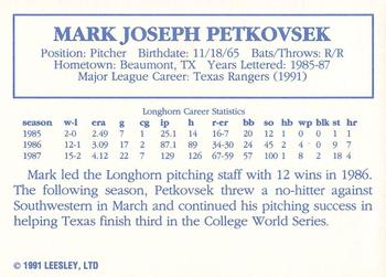 1992 Leesley Texas Longhorns #NNO Mark Petkovsek Back