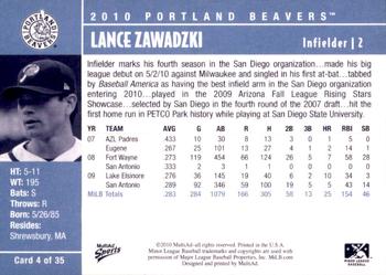 2010 MultiAd Portland Beavers #4 Lance Zawadzki Back