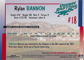 2017 Grandstand Ogden Raptors #NNO Rylan Bannon Back