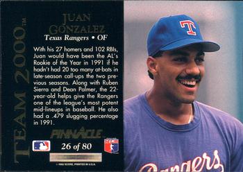 1992 Pinnacle - Team 2000 #26 Juan Gonzalez Back