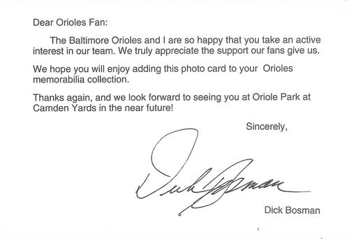 1992 Baltimore Orioles Photocards #NNO Dick Bosman Back