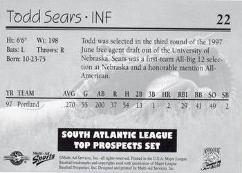1998 Multi-Ad South Atlantic League Top Prospects #22 Todd Sears Back