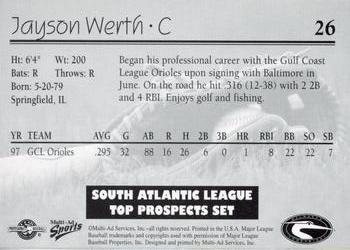 1998 Multi-Ad South Atlantic League Top Prospects #26 Jayson Werth Back