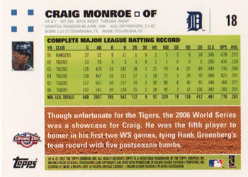 2007 Topps Opening Day #18 Craig Monroe Back
