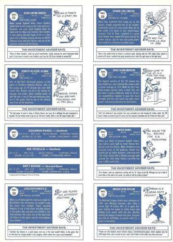 1992 Baseball Cards Magazine '70 Topps Replicas - Panels #65-72 Deion Sanders / Roberto Alomar / AL Rookie Stars (Eduardo Perez / Joe Vitiello / Bret Boone) / Bip Roberts / Ray Lankford / Brady Anderson / Tim Raines / Marquis Grissom Back