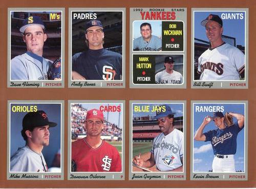 1992 Baseball Cards Magazine '70 Topps Replicas - Panels #73-80 Dave Fleming / Andy Benes / Bob Wickman / Mark Hutton / Bill Swift / Mike Mussina / Donovan Osborne / Juan Guzman / Kevin Brown Front